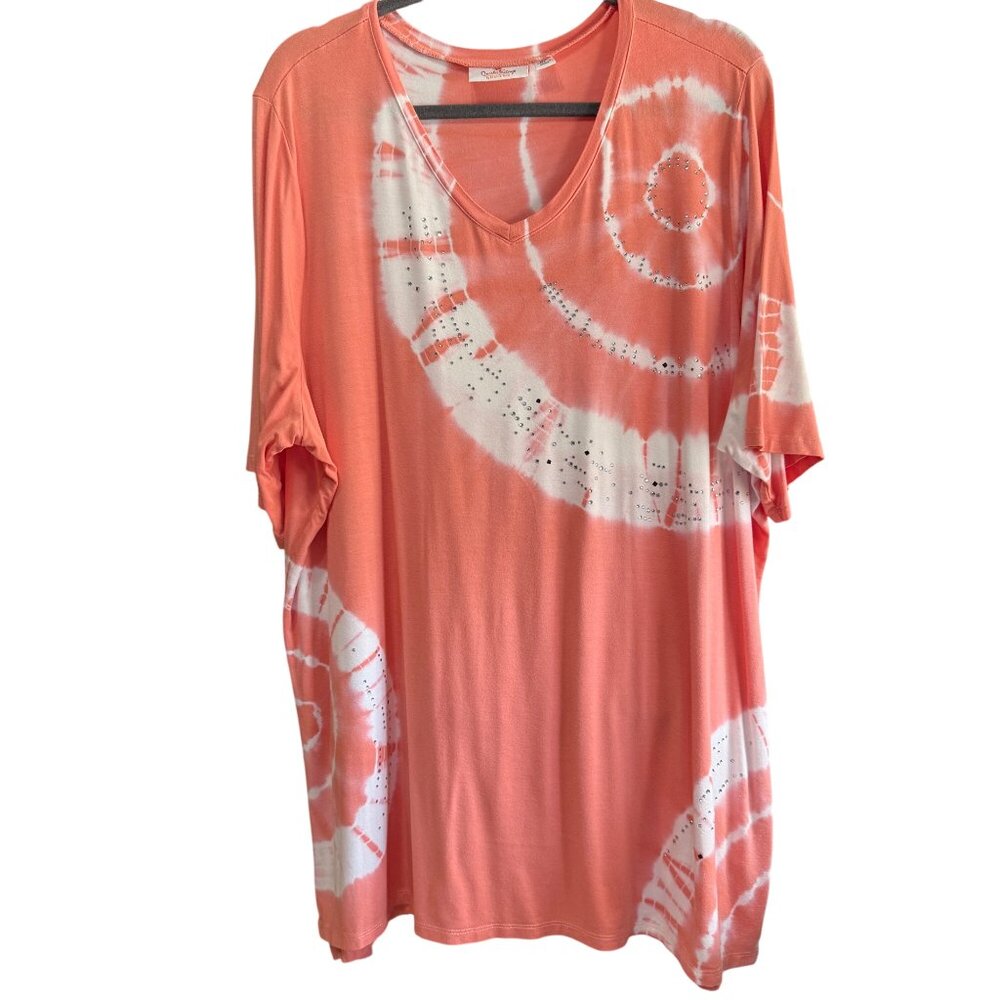 Quacker Factory size 2X Orange Tie Dyed Rhinestone Embellished V Neck Tee Shirt/
